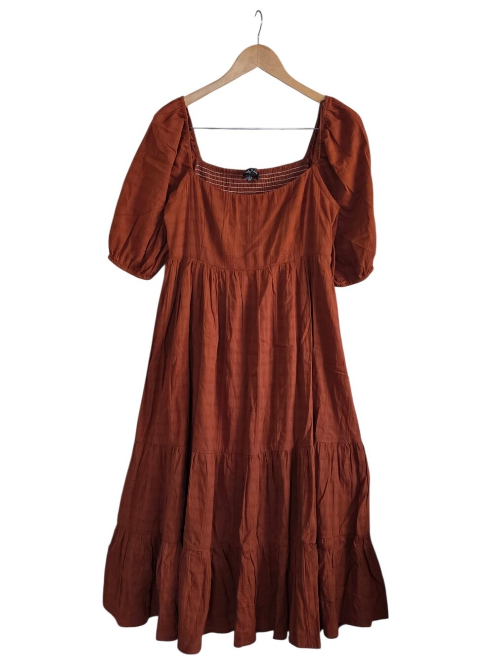 Lovely Day Rust Midi Dress with Puff Sleeves